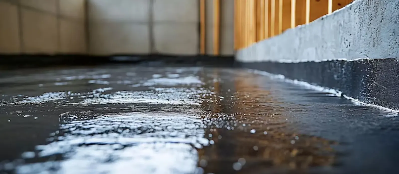 Water pooling along the base of a basement wall.