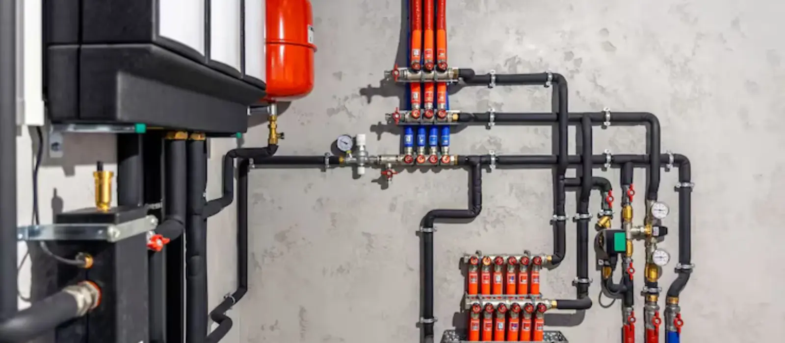 Boiler piping manifold with insulated supply and return lines.
