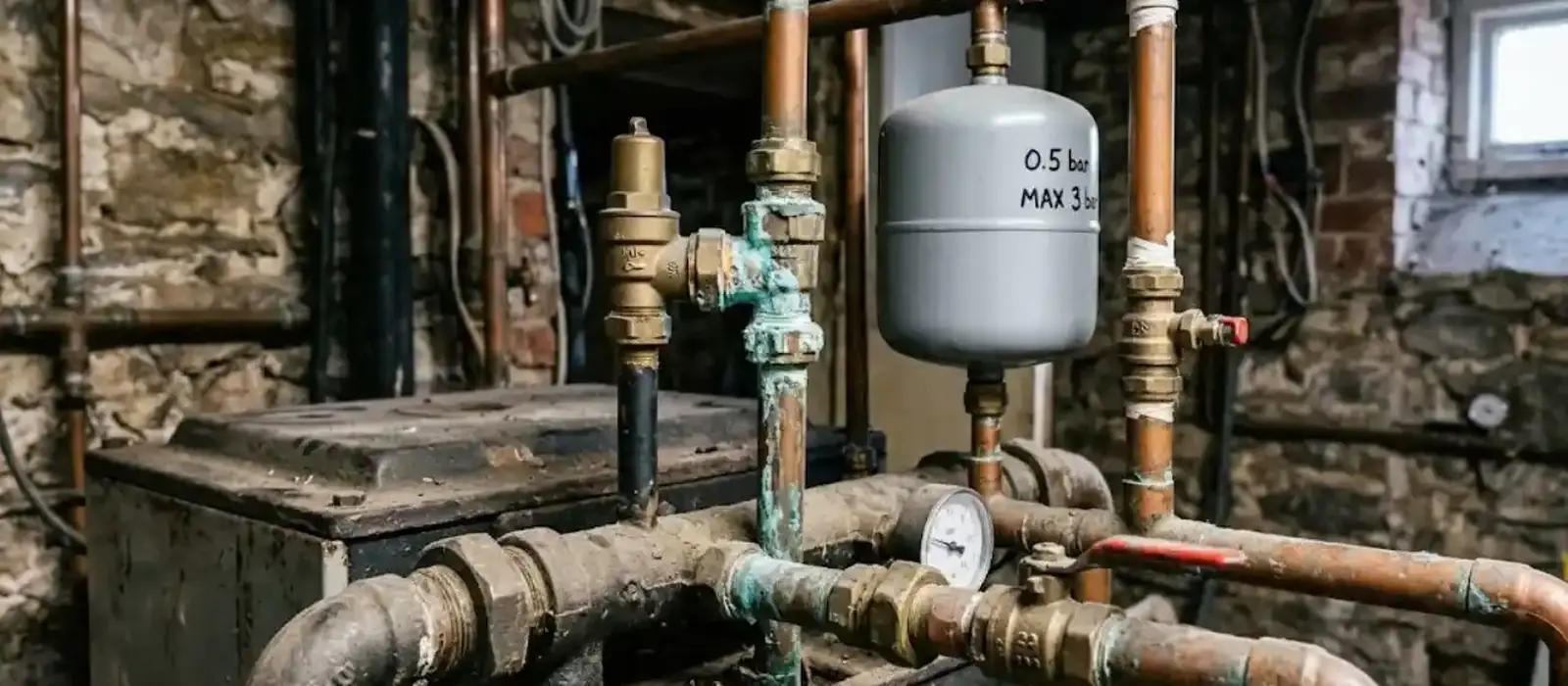 Boiler room with a pressure gauge, relief valve and expansion tank on copper piping.