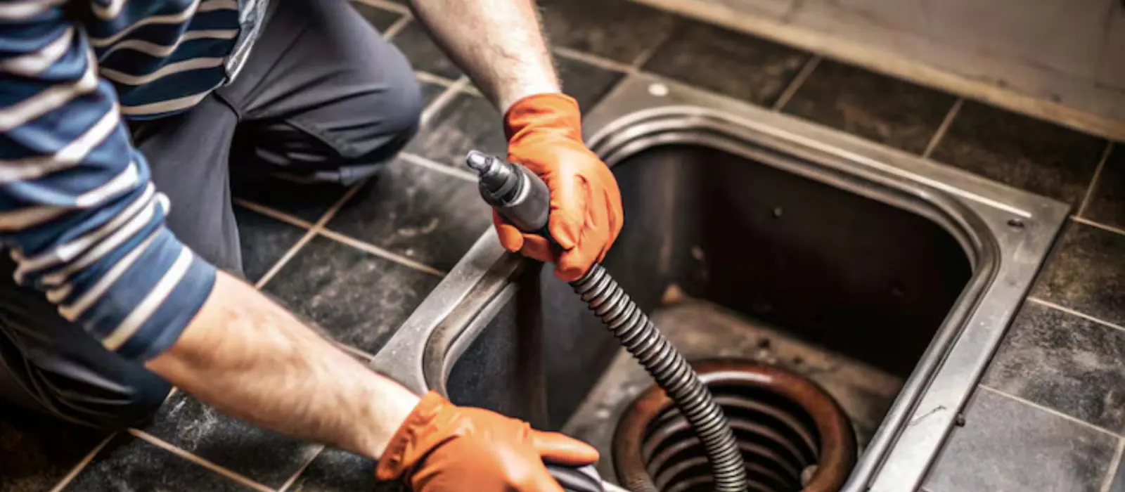 Gloved hands feeding a drain cable into a kitchen sink drain.
