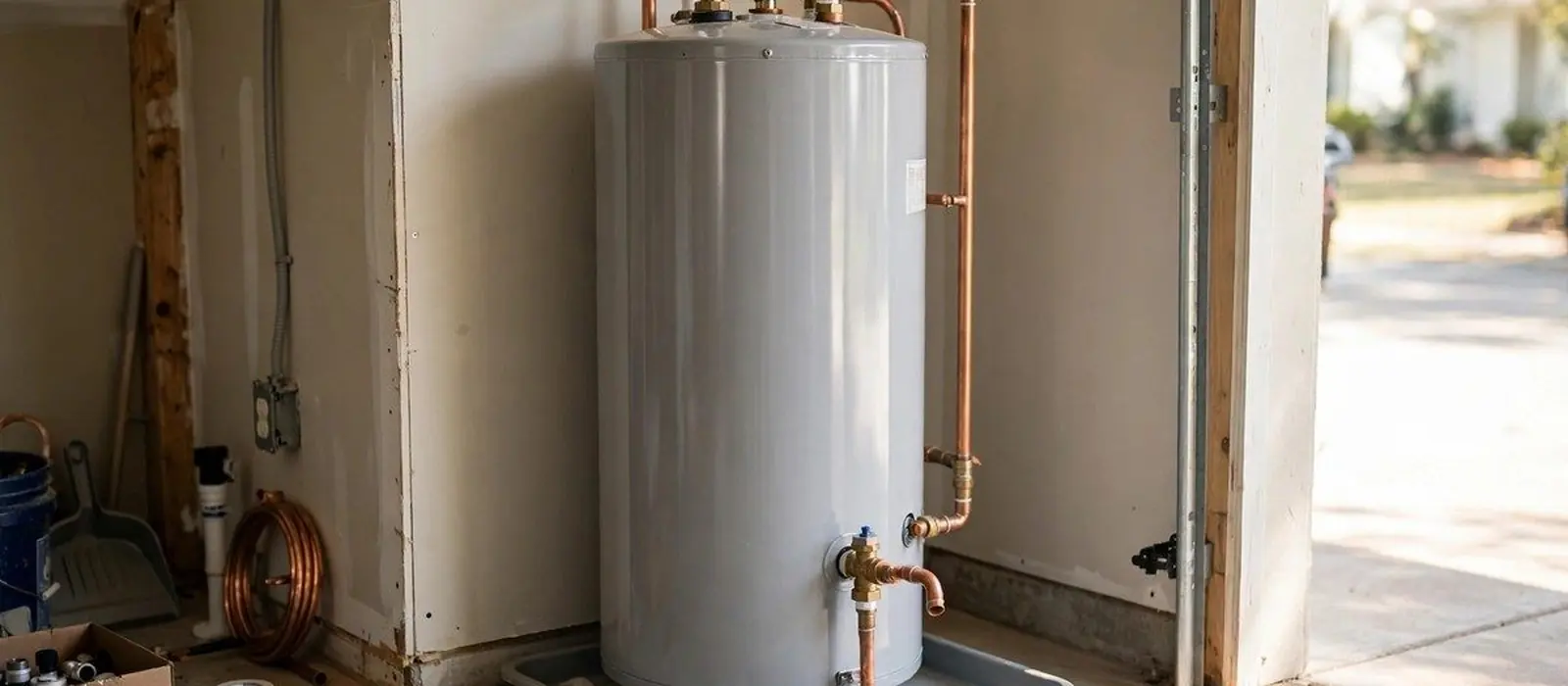 Gray tank water heater on a drain pan in a garage with copper supply lines.
