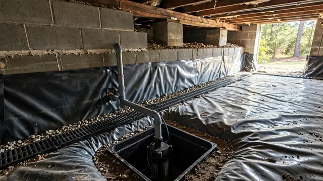 Crawl space with vapor barrier, gravel drain channel and a sump pit.