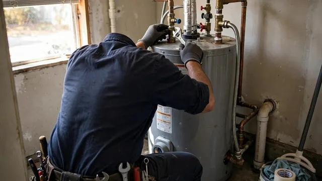 Plumber from behind working on the connections of a tank water heater.