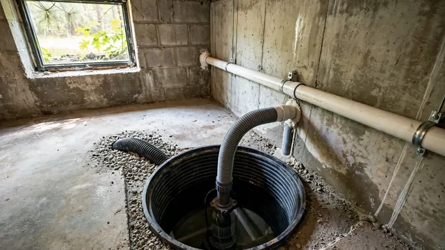 Sump basin with a discharge hose in a basement corner beside a small window.