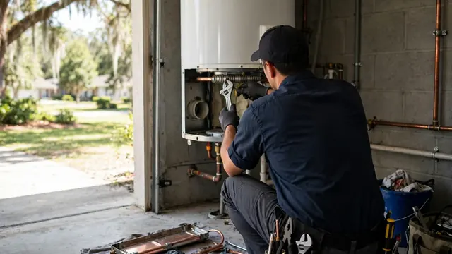 Technician kneeling at an open gas water heater burner compartment in a garage.
